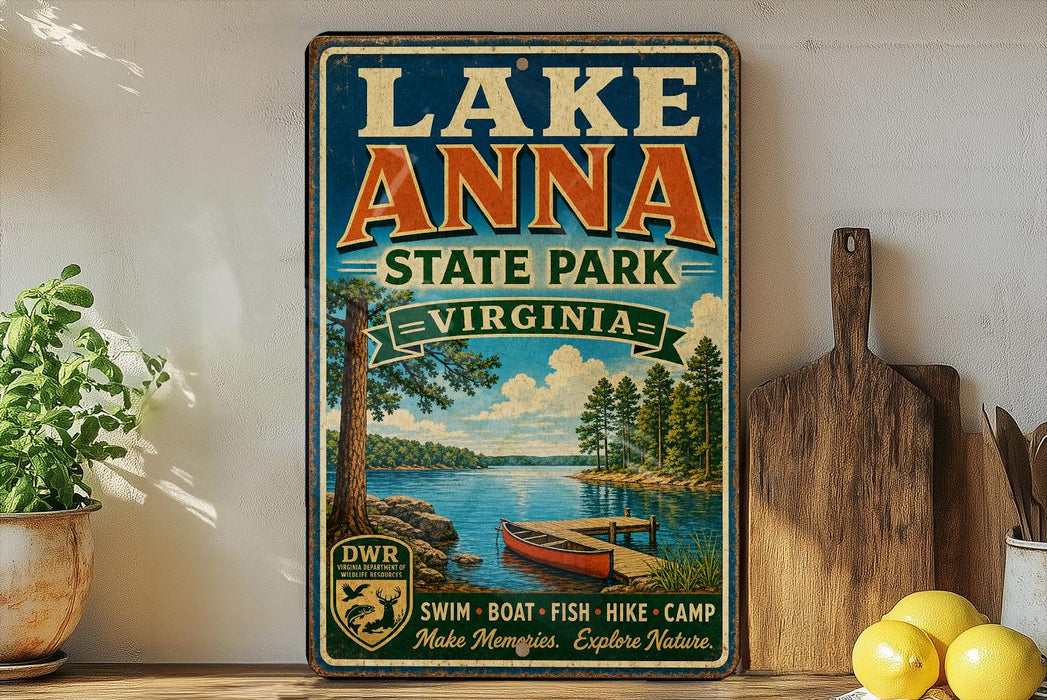 A vintage-style sign for Lake Anna State Park in Virginia, featuring a scenic illustration of a lake, trees, and a canoe.