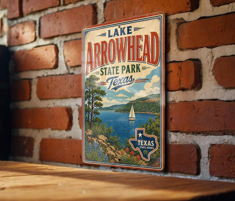 A vintage-style metal sign for Lake Arrowhead State Park in Texas, featuring a scenic landscape with a lake, mountains, and a sailboat.