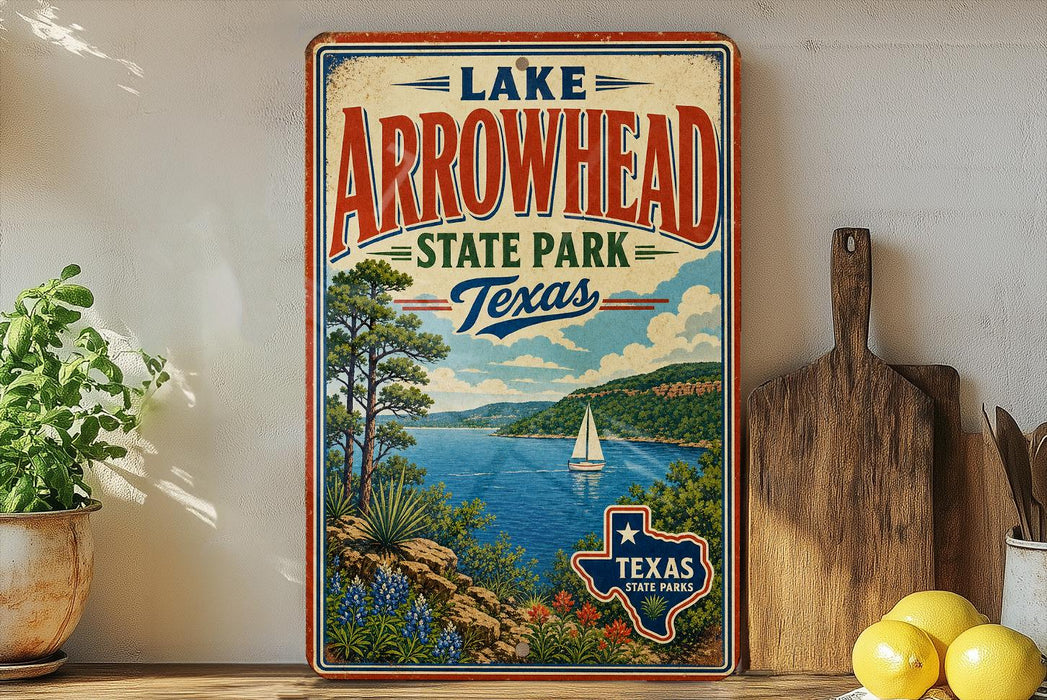 A vintage-style poster advertising Lake Arrowhead State Park in Texas, featuring a scenic landscape with a lake, mountains, and a sailboat.