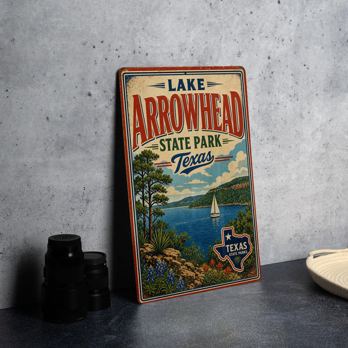 A vintage-style metal sign for Lake Arrowhead State Park in Texas, featuring a scenic illustration of the lake, mountains, and a sailboat.