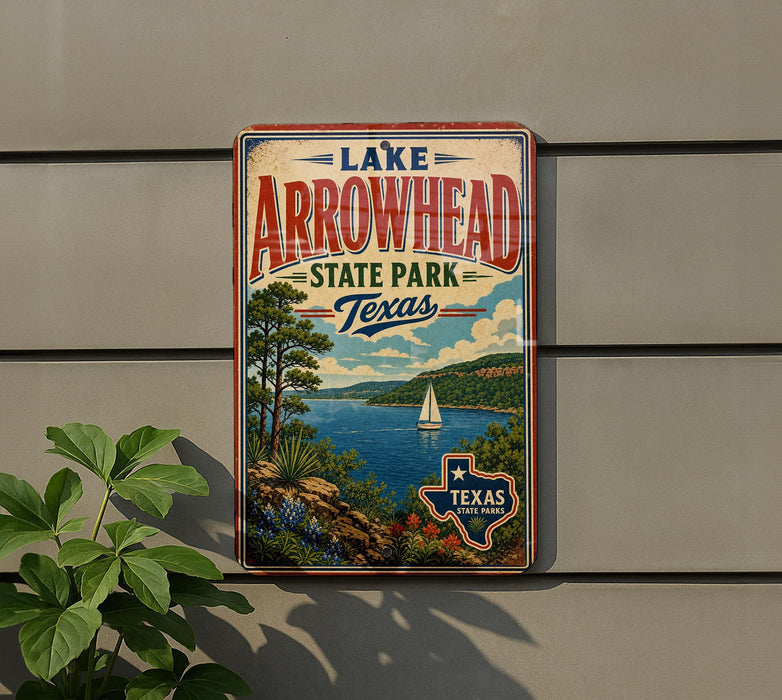 A vintage-style metal sign for Lake Arrowhead State Park in Texas, featuring a scenic landscape with a lake, mountains, and a sailboat.