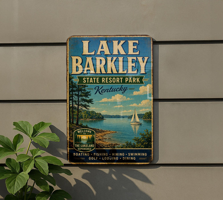 A vintage-style sign for Lake Barkley State Resort Park in Kentucky, featuring a scenic image of the lake and surrounding landscape.