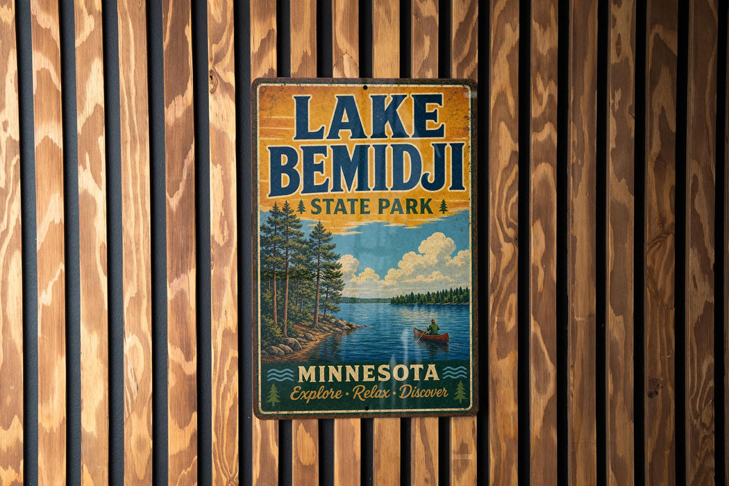 A vintage-style metal sign for Lake Bemidji State Park in Minnesota, featuring a scenic illustration of a lake surrounded by pine trees and a canoe.