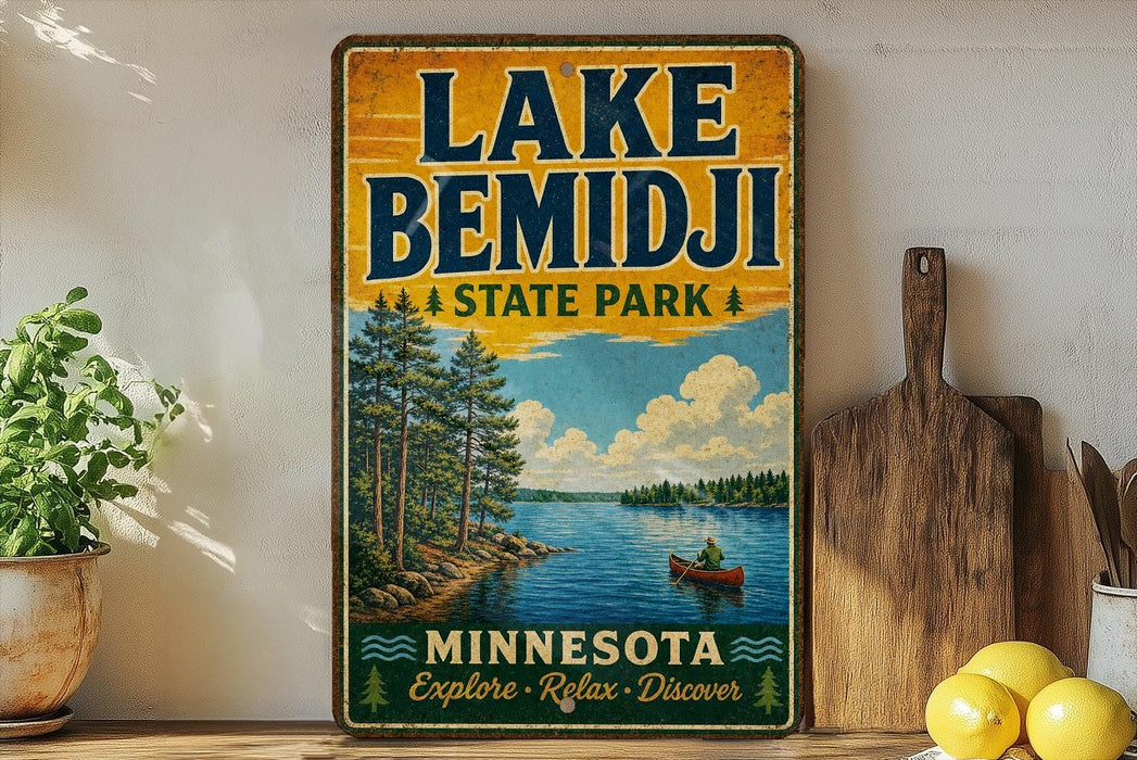 A vintage-style sign for Lake Bemidji State Park in Minnesota, featuring a scenic illustration of a lake surrounded by pine trees and a person in a canoe.