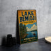 A vintage-style metal sign for Lake Bemidji State Park in Minnesota, featuring a scenic illustration of a lake surrounded by pine trees and a canoe.