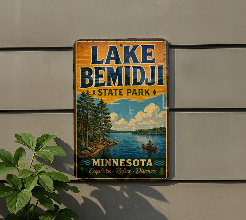 A vintage-style metal sign for Lake Bemidji State Park in Minnesota, featuring a scenic illustration of a lake, trees, and a person in a canoe.