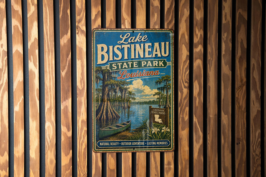 A vintage metal sign for Lake Bistaineau State Park in Louisiana, featuring an illustration of a bay with a boat and a lush, tropical landscape.