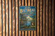 A vintage metal sign for Lake Bistaineau State Park in Louisiana, featuring an illustration of a bay with a boat and a lush, tropical landscape.