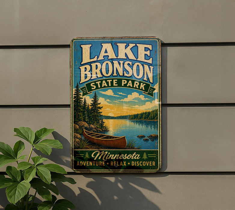A vintage-style metal sign for Lake Bronson State Park in Minnesota, featuring a canoe on a lake and a scenic landscape.