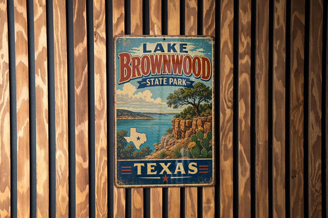 A vintage-style metal sign for Lake Brownwood State Park in Texas, featuring a scenic landscape with a lake, mountains, and a tree.