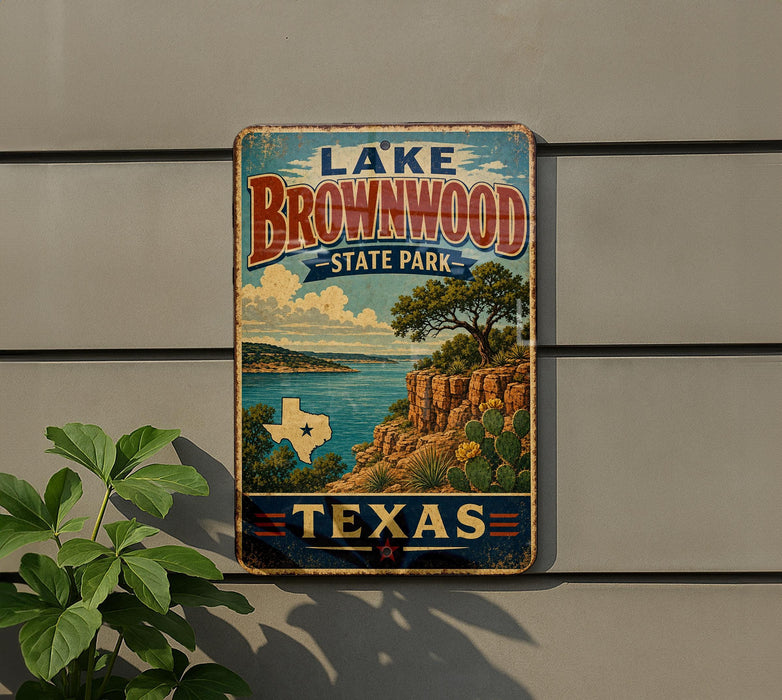 A vintage-style metal sign for Lake Brownwood State Park in Texas, featuring a scenic landscape with a lake, mountains, and cacti.