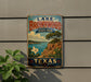 A vintage-style metal sign for Lake Brownwood State Park in Texas, featuring a scenic landscape with a lake, mountains, and cacti.