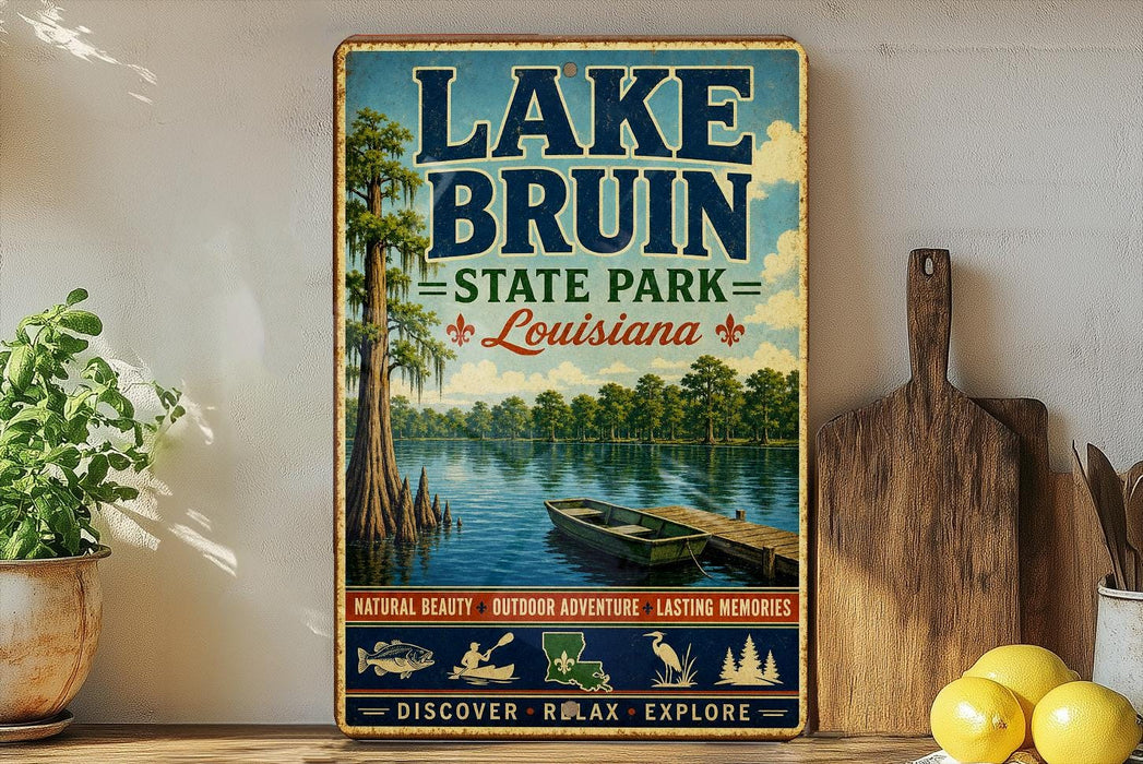A vintage-style sign for Lake Bruin State Park in Louisiana, featuring a scenic image of a lake, trees, and a boat.