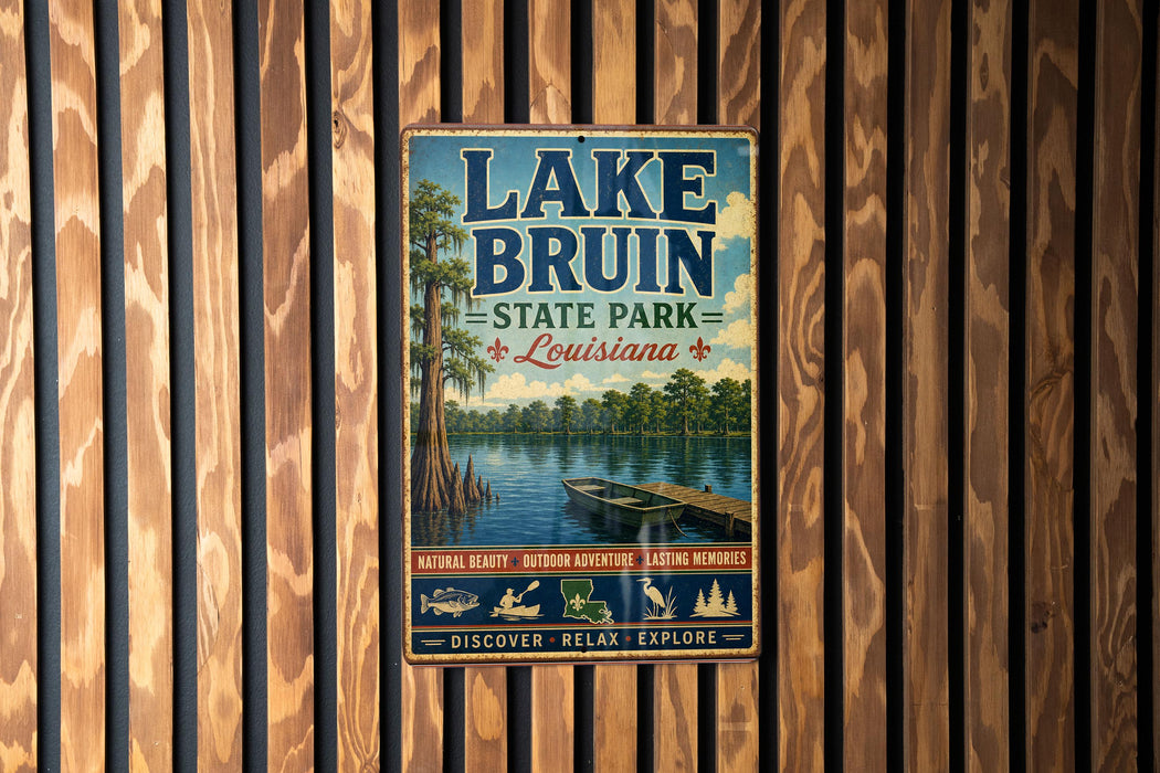 A vintage-style metal sign for Lake Bruin State Park in Louisiana, featuring a scenic image of a lake and a boat, mounted on a wooden wall.