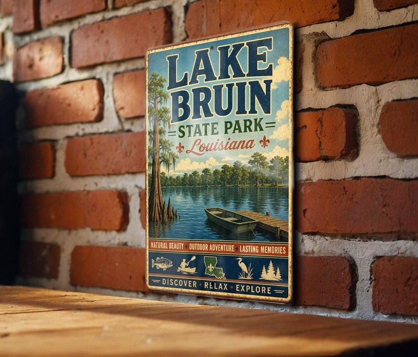 A vintage-style metal sign for Lake Bruin State Park in Louisiana, featuring a scenic image of a lake, boats, and trees.