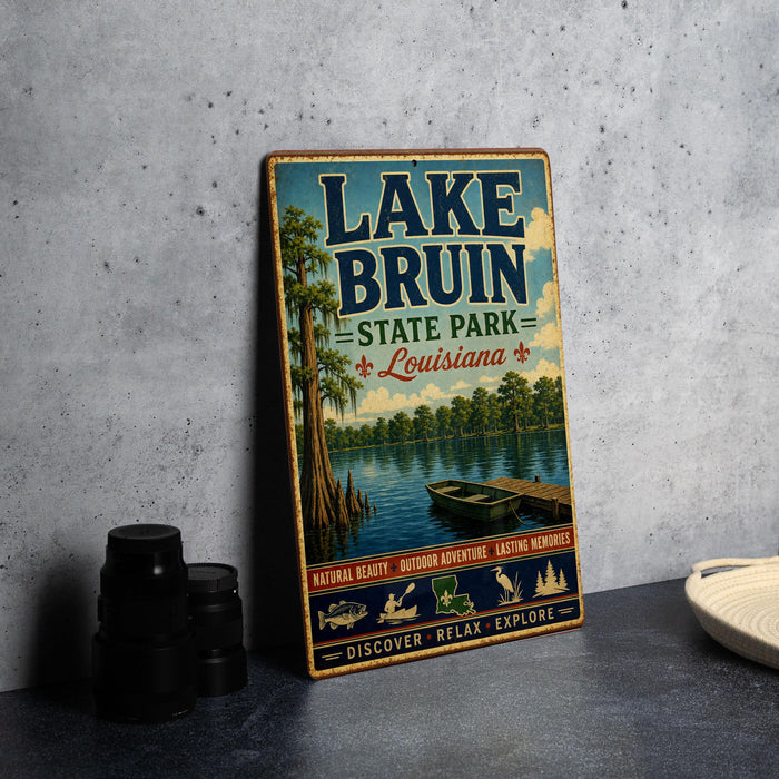 A vintage-style metal sign for Lake Bruin State Park in Louisiana, featuring an illustration of a lake, trees, and boats.