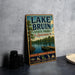 A vintage-style metal sign for Lake Bruin State Park in Louisiana, featuring an illustration of a lake, trees, and boats.