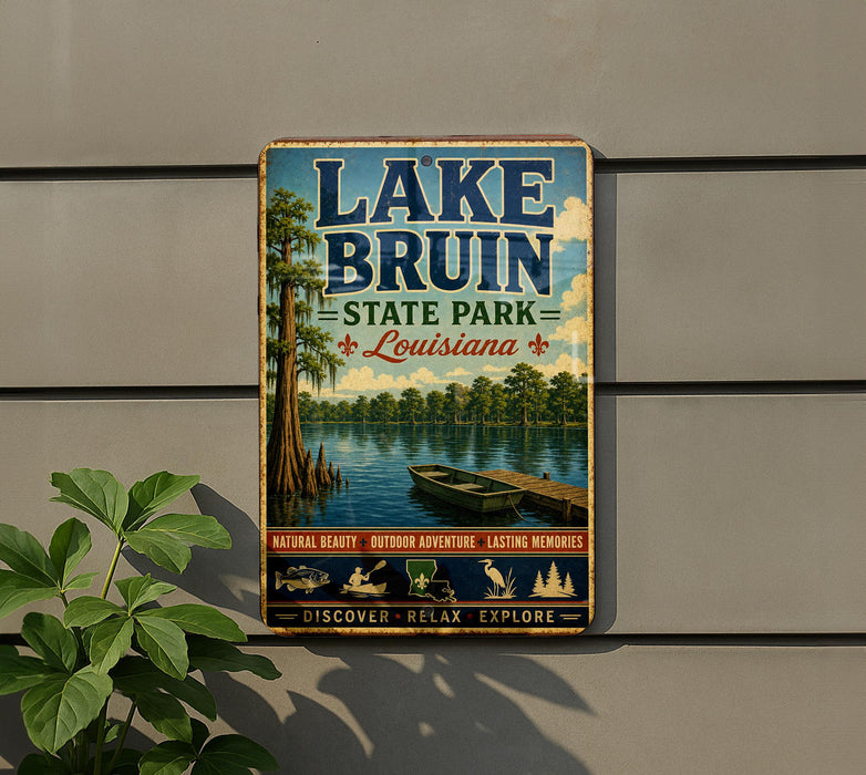 A vintage-style sign for Lake Bruin State Park in Louisiana, featuring a scenic illustration of a lake, trees, and a boat.