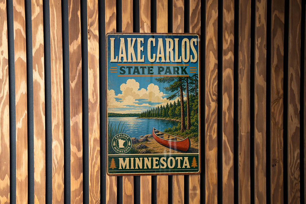 A vintage metal sign for Lake Carlos State Park in Minnesota, featuring a scenic illustration of a lake, canoe, and surrounding landscape.