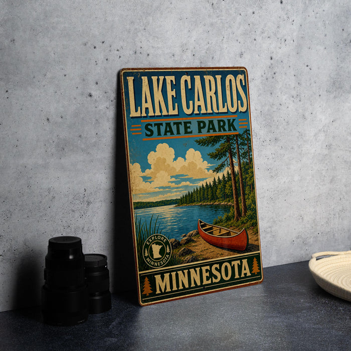 A vintage-style metal sign for Lake Carlos State Park in Minnesota, featuring a scenic illustration of a lake, canoe, and forest landscape.