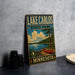 A vintage-style metal sign for Lake Carlos State Park in Minnesota, featuring a scenic illustration of a lake, canoe, and forest landscape.