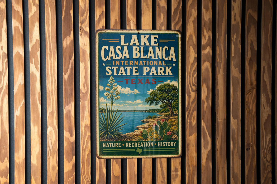 A vintage-style sign for Lake Casa Blanca, an international state park in Texas, featuring a scenic landscape with a lake, palm trees, and a desert landscape.
