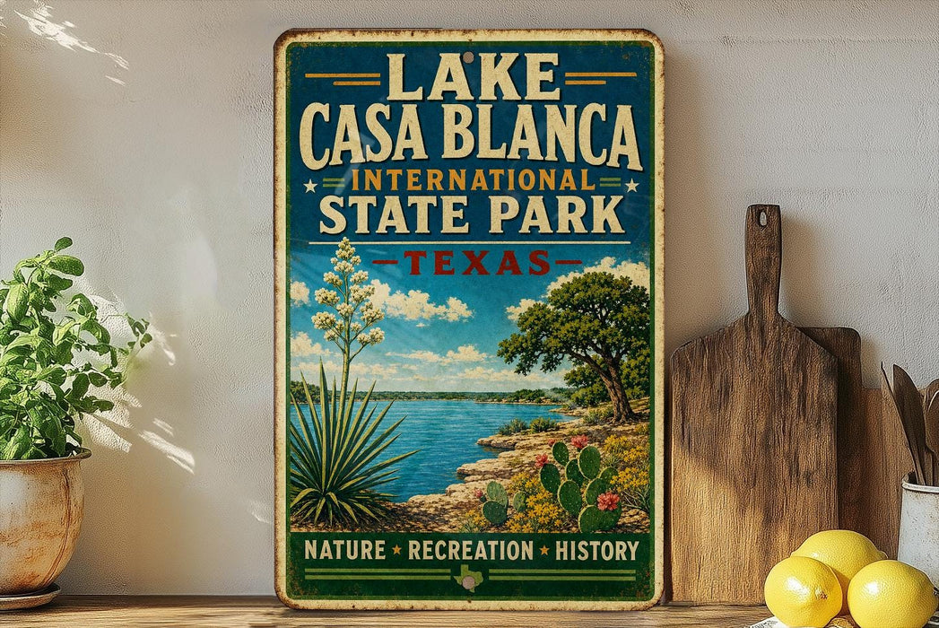 A vintage-style sign for Lake Casa Blanca, an international state park in Texas, featuring a scenic landscape with a lake, cactus, and other natural elements.