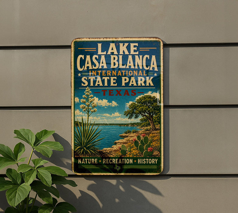 A vintage-style sign for Lake Casa Blanca, an international state park in Texas, featuring a scenic landscape with a lake, palm trees, and a desert landscape.