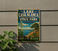 A vintage-style sign for Lake Casa Blanca, an international state park in Texas, featuring a scenic landscape with a lake, palm trees, and a desert landscape.