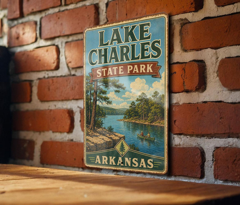 A vintage metal sign for Lake Charles State Park in Arkansas, featuring a scenic illustration of a lake surrounded by trees and mountains.