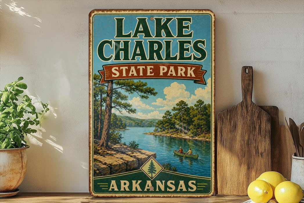 A vintage-style sign for Lake Charles State Park in Arkansas, featuring a scenic illustration of a lake surrounded by pine trees and mountains.