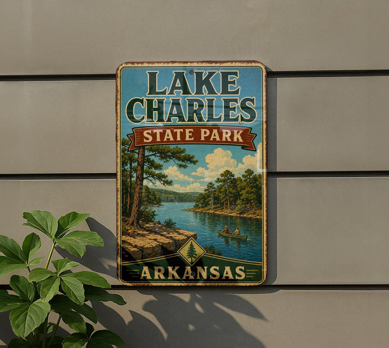 A vintage metal sign for Lake Charles State Park in Arkansas, featuring a scenic landscape with a river, pine trees, and a boat on the water.