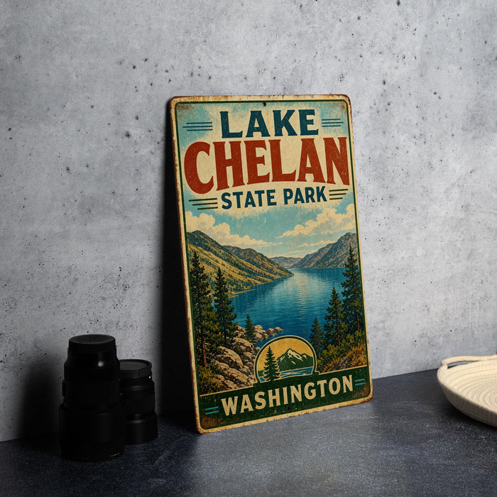 A vintage-style sign for Lake Chelan State Park in Washington, featuring a scenic landscape with mountains, trees, and a lake.