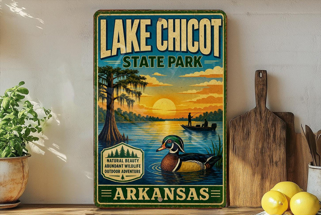 A vintage-style sign for Lake Chicot State Park in Arkansas, featuring a duck swimming in a lake and a sunset in the background.