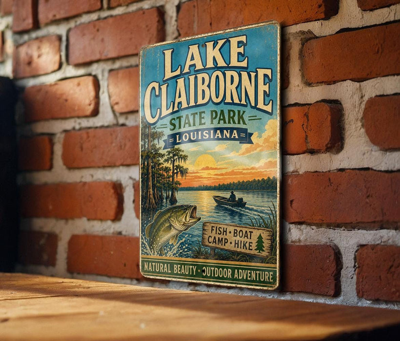 A vintage-style sign for Lake Claiborne State Park in Louisiana, featuring a scenic illustration of a lake, trees, and a boat.