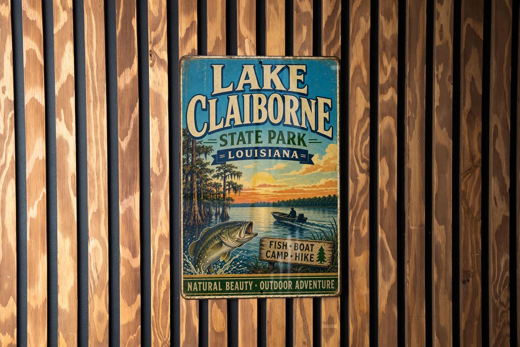 A vintage metal sign for Lake Claiborne State Park in Louisiana, featuring an illustration of a lake, trees, and a fish.