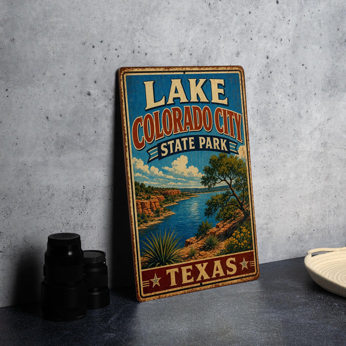 A vintage-style sign for Lake Colorado City, Colorado State Park, with a scenic illustration of the lake and surrounding landscape.