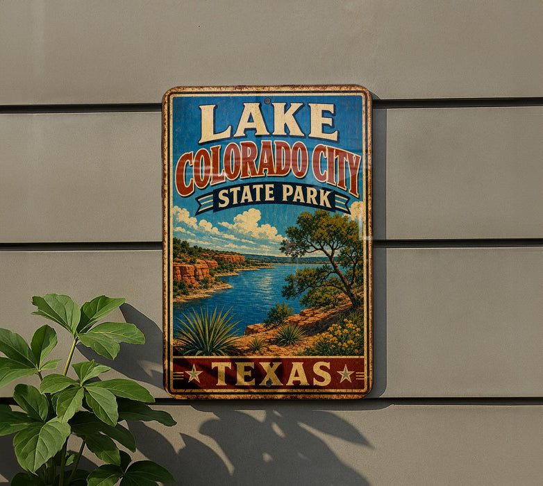 A vintage-style metal sign with the text "LAKE COLORADO CITY STATE PARK TEXAS" and a scenic landscape depicting a lake, mountains, and trees.