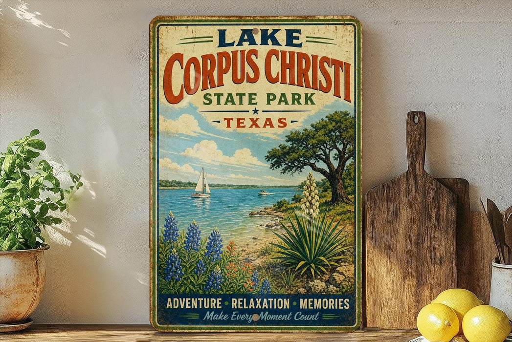 A vintage-style sign for Lake Corpus Christi State Park in Texas, featuring a sailboat on the water and a desert landscape with blue flowers.