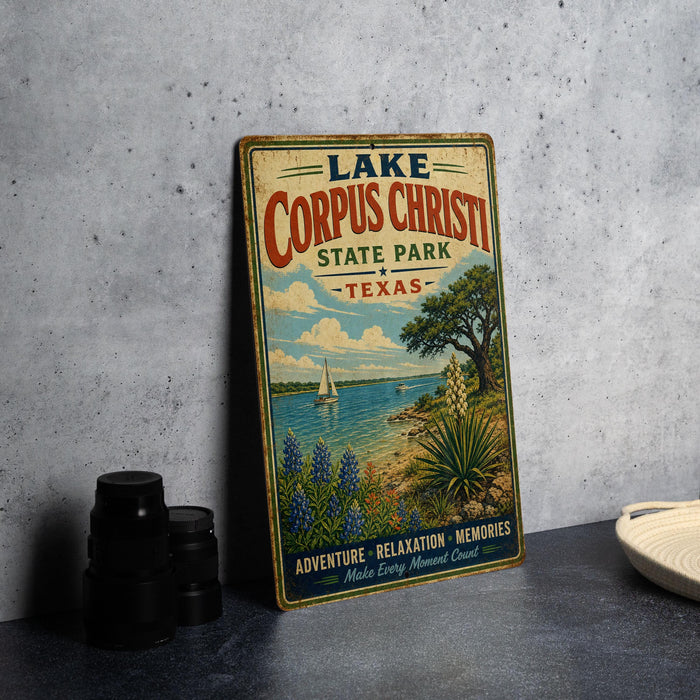 A vintage metal sign advertising LakeCorp Christi State Park in Texas, featuring a scenic illustration of a lake, palm trees, and a sailboat.