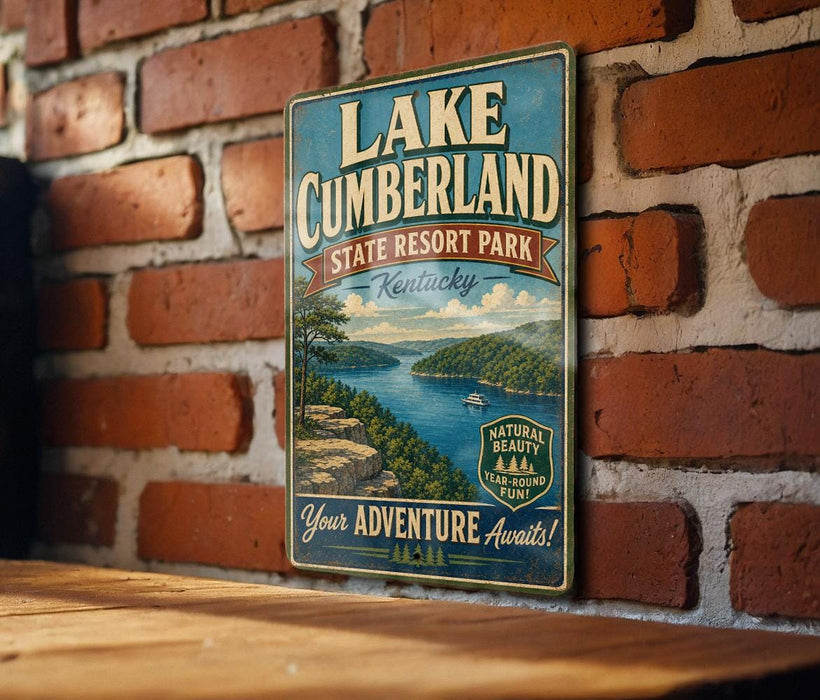 A vintage-style sign for Lake Cumberland State Resort Park in Kentucky, featuring a scenic landscape with a lake, mountains, and a boat.