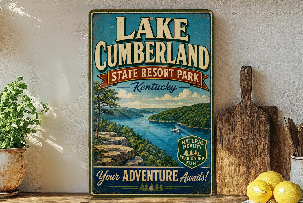 A vintage-style sign for Lake Cumberland State Resort Park in Kentucky, featuring a scenic illustration of the lake and surrounding landscape.