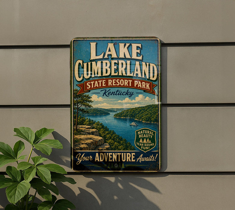 A vintage-style sign for Lake Cumberland State Resort Park in Kentucky, featuring a scenic landscape with a lake, mountains, and a boat.