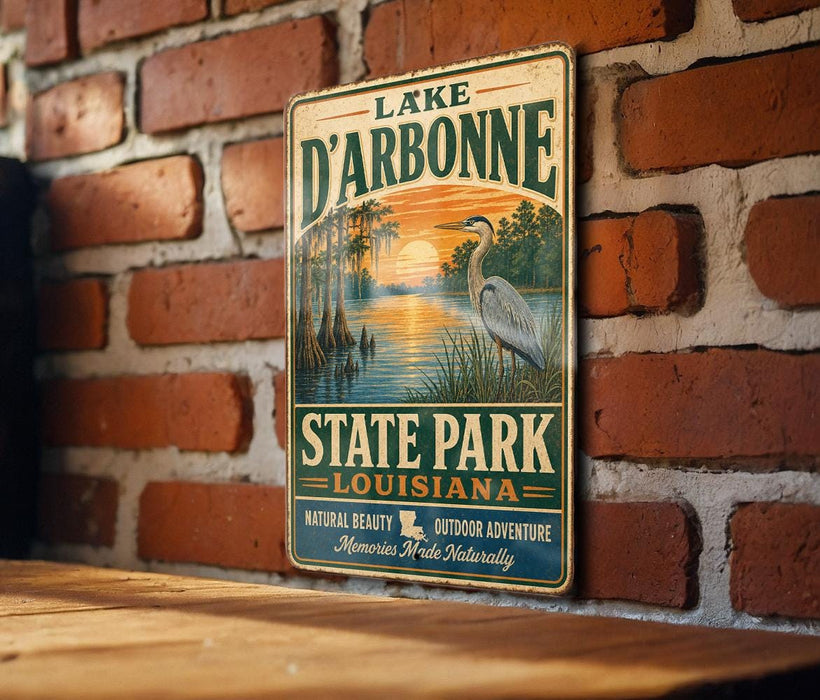 A vintage-style sign for Lake D'Arbonne State Park in Louisiana, featuring an illustration of a bird and a sunset over a body of water.