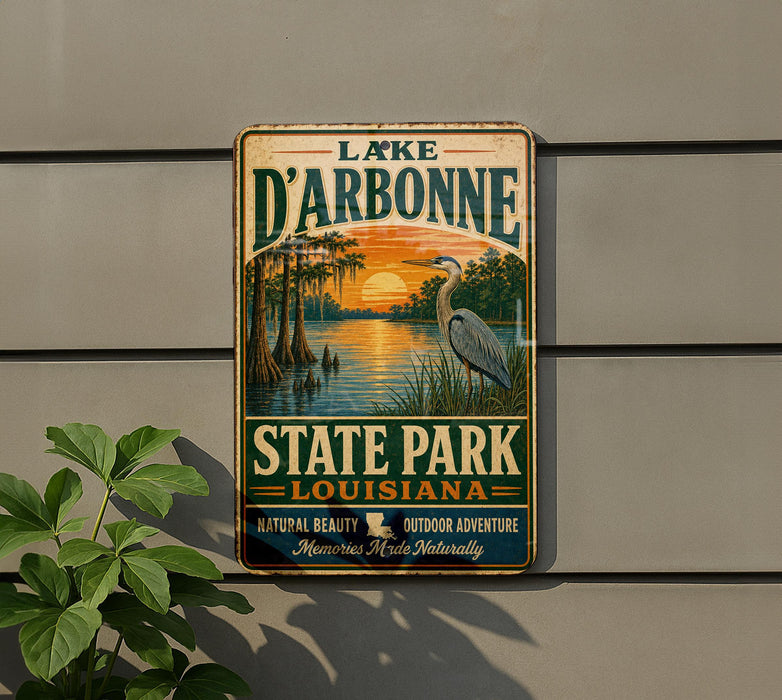 A vintage-style metal sign for Lake Darbonne State Park in Louisiana, featuring a scenic illustration of a sunset over a body of water with a crane in the foreground.