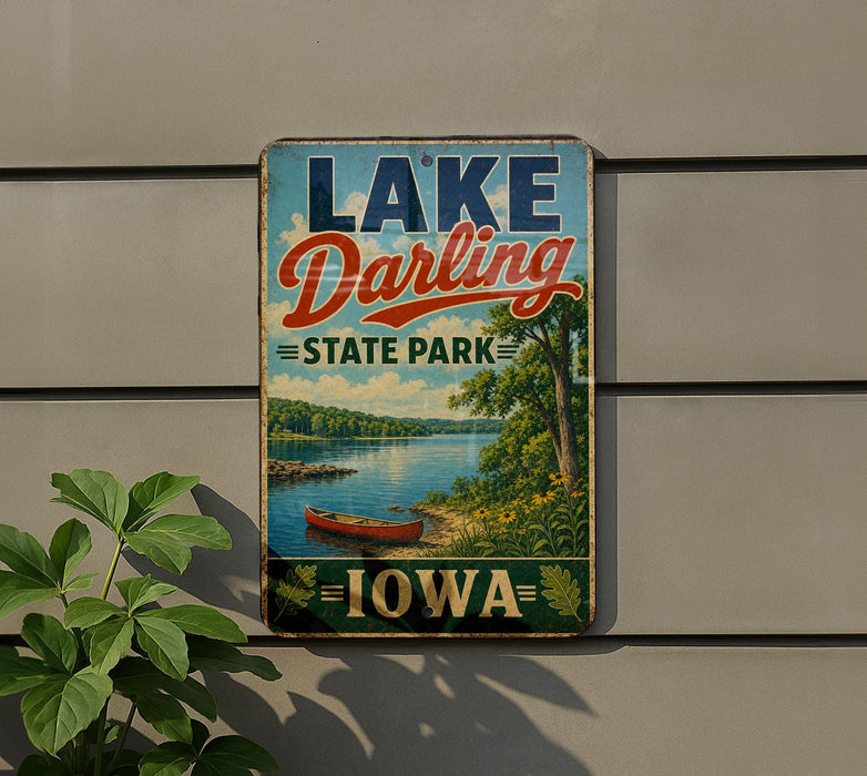 A vintage-style sign for Lake Darling State Park in Iowa, featuring a scenic landscape with a lake, trees, and a canoe.