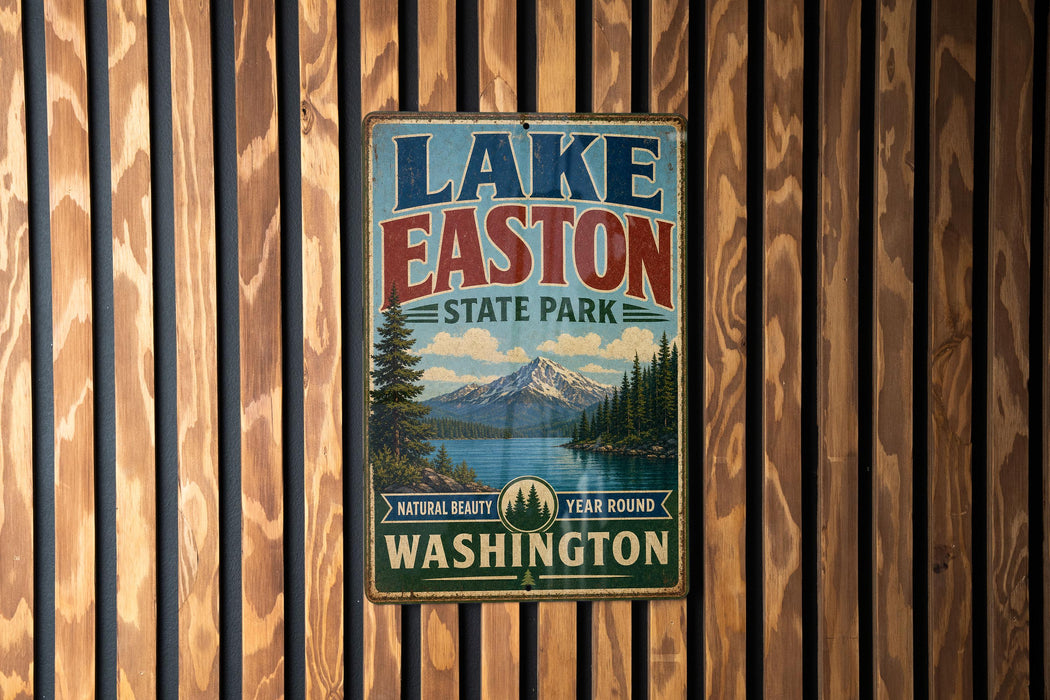 A vintage metal sign for Lake Easton State Park in Washington, featuring a scenic mountain landscape and a lake.