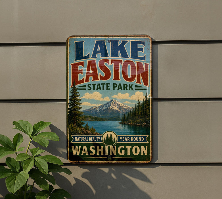 A vintage-style sign for Lake Easton State Park in Washington, featuring a scenic mountain landscape and a lake.
