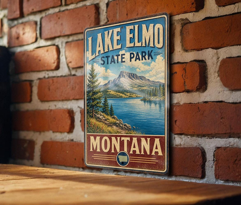 A vintage-style metal sign for Lake Elmo State Park in Montana, featuring a scenic landscape with mountains, trees, and a lake.