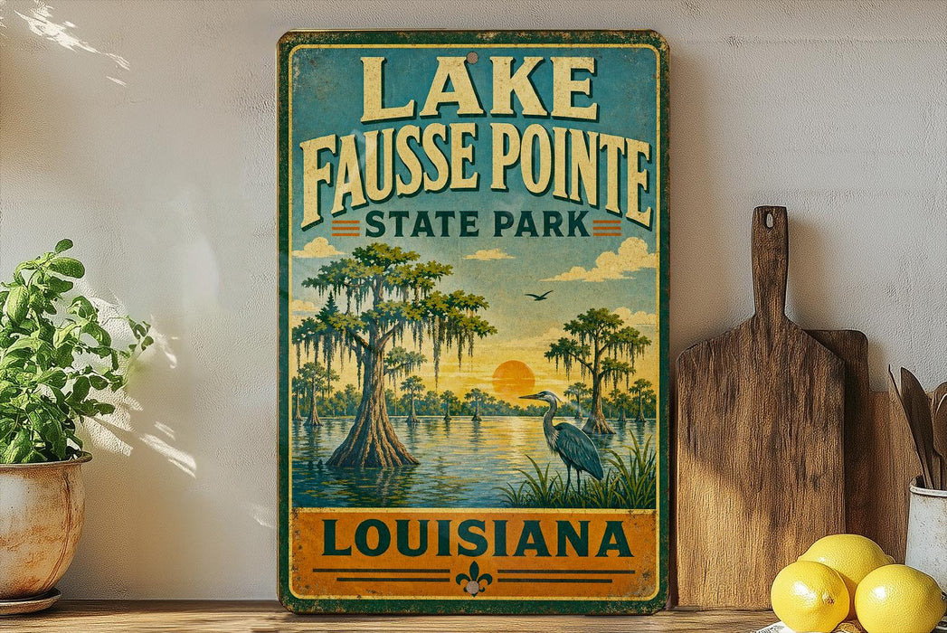 A vintage-style sign for Lake Fausse Pointe State Park in Louisiana, featuring a scenic illustration of a bayou landscape with a bird and palm trees.